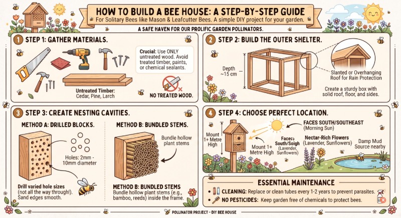 Infographic showing the steps involved in building a bee house