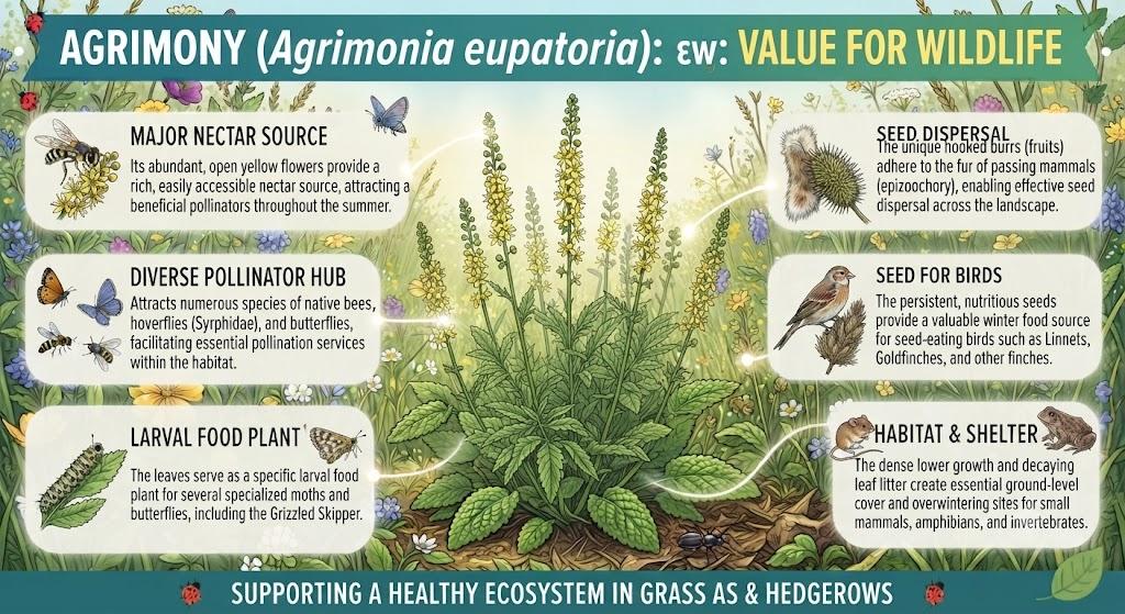 Infographic showing the benefits of agrimony for pollinators and wildlife