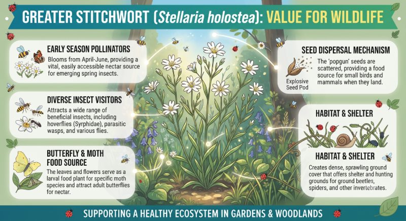 Infographic showing the benefits of greater stitchwort on pollinators and wildlife