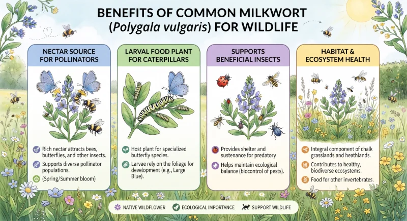 Infographic showing the benefits of common milkwort for pollinators and garden wildlife