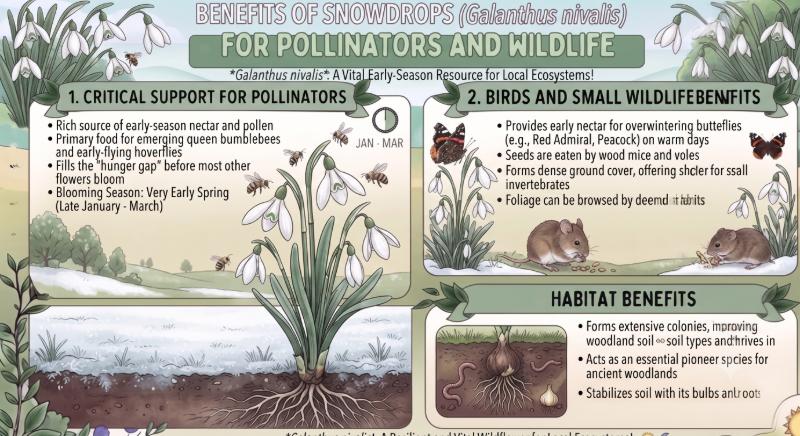 Infographic showing the benefits of snowdrops for pollinators and wildlife