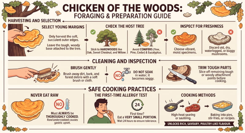 An infographic showing how to forage, prepare and cook chicken of the woods for eating