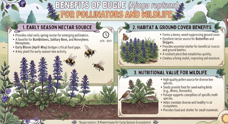Infographic detailing the wildlife benefits of the bugle wildflower, highlighting its role as a nectar source for bees and butterflies.