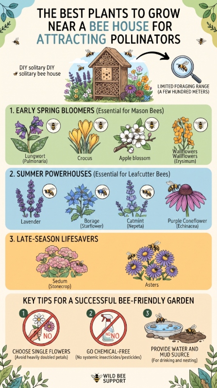Infographic of recommended plants to grow near a bee house