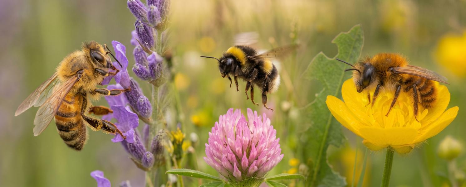 A honey bee, bumblebee and mason bee feeding on pollen and nectar on various wildflowers