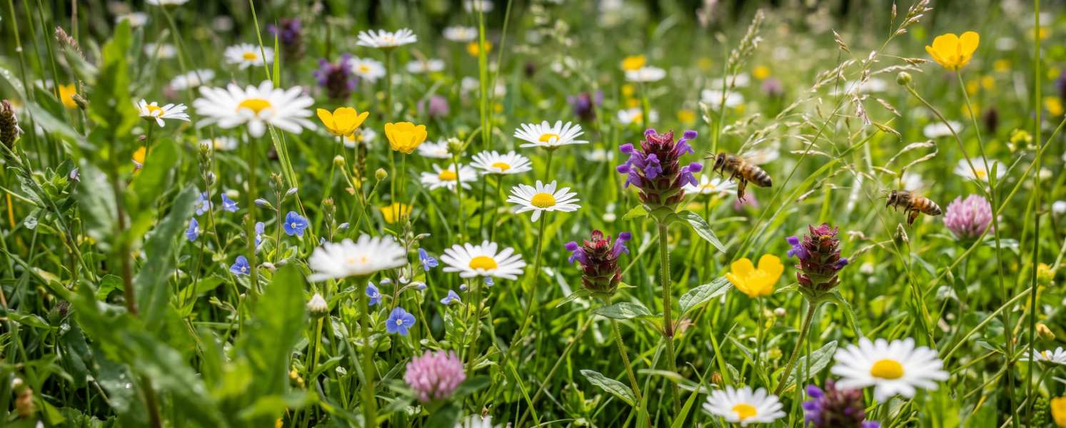 Two honey bees at work in a wildflower meadow