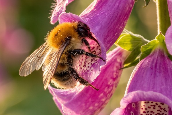 A common carder bumblebee feeding on a foxglove in mature woodland
