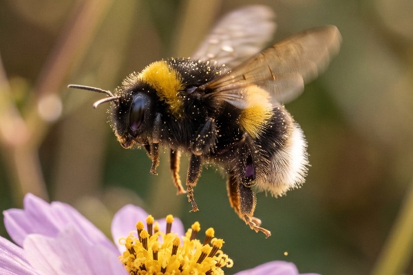 A White-tailed bumblebee hovering over an open flower.
